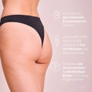 Schwarzer Panty wird von Person getragen, rechts sind Informationstexte.