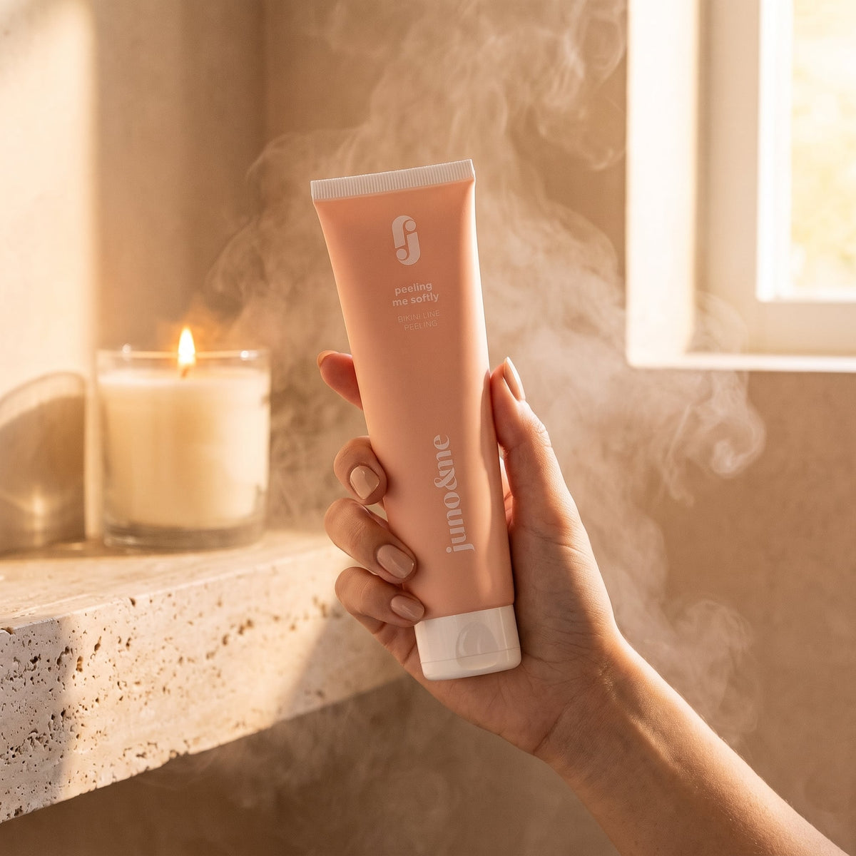 Hand holding Peeling me softly in a warm bathroom