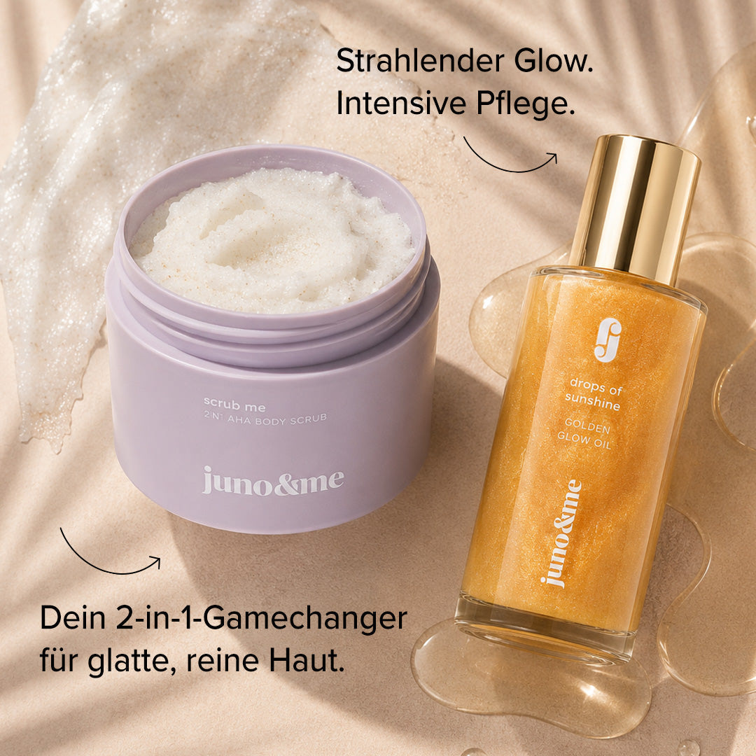 Open 2in1 AHA Body Scrub showing its texture next to the Golden Glow Oil, Beautiful Skin Duo by juno&me