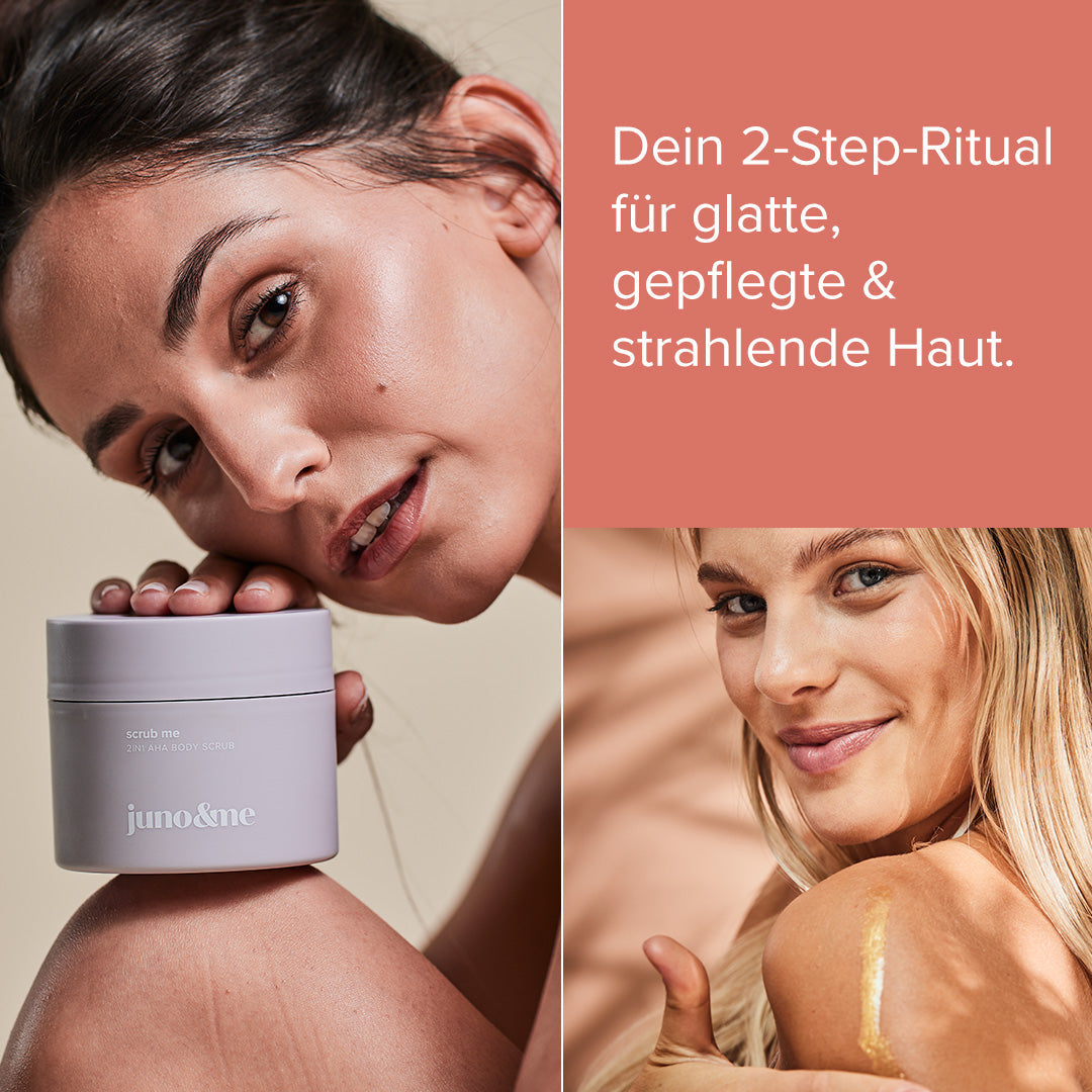 Two women with the 2in1 AHA Body Scrub and Golden Glow Oil on the shoulder, Beautiful Skin Duo by juno&me