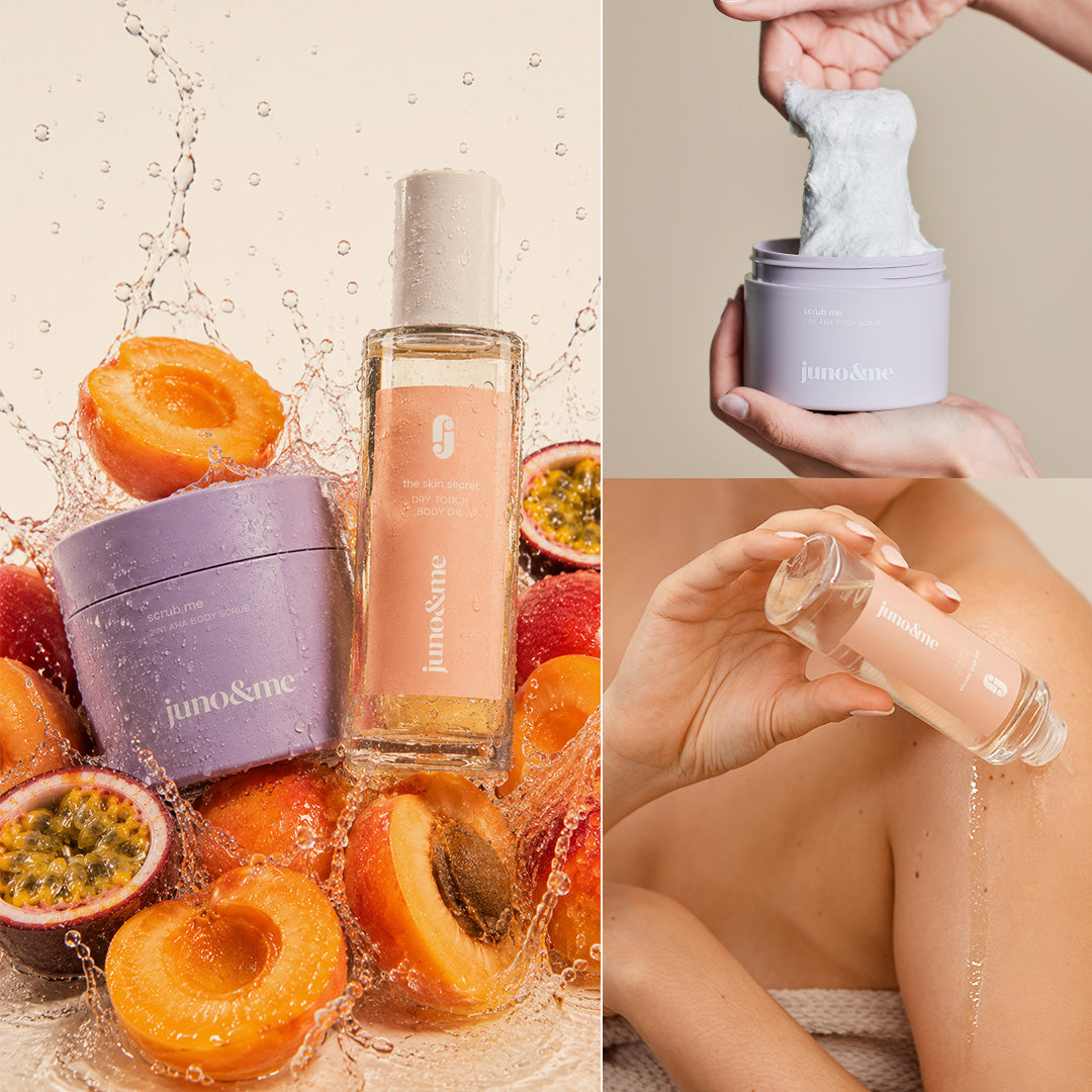 Collage zum Touch Me Duo: Aprikosen und Maracuja, Scrub im Tiegel und Öl auf der Schulter, juno&me