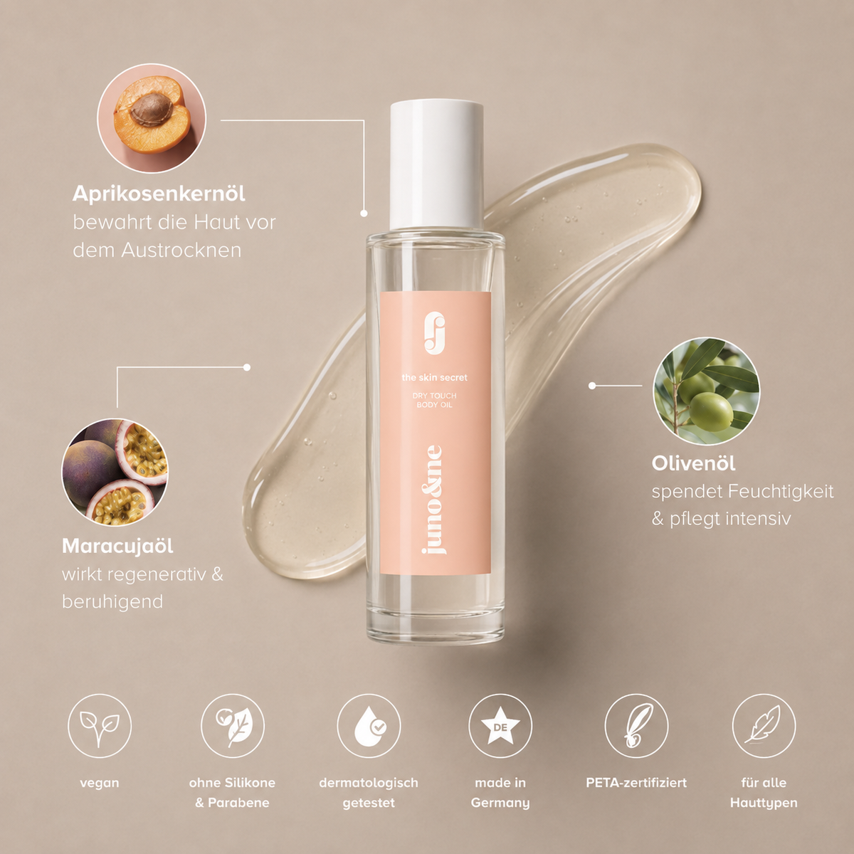Dry Touch Body Oil aus dem Touch Me Duo mit Aprikosenkernöl, Maracujaöl und Olivenöl, juno&me