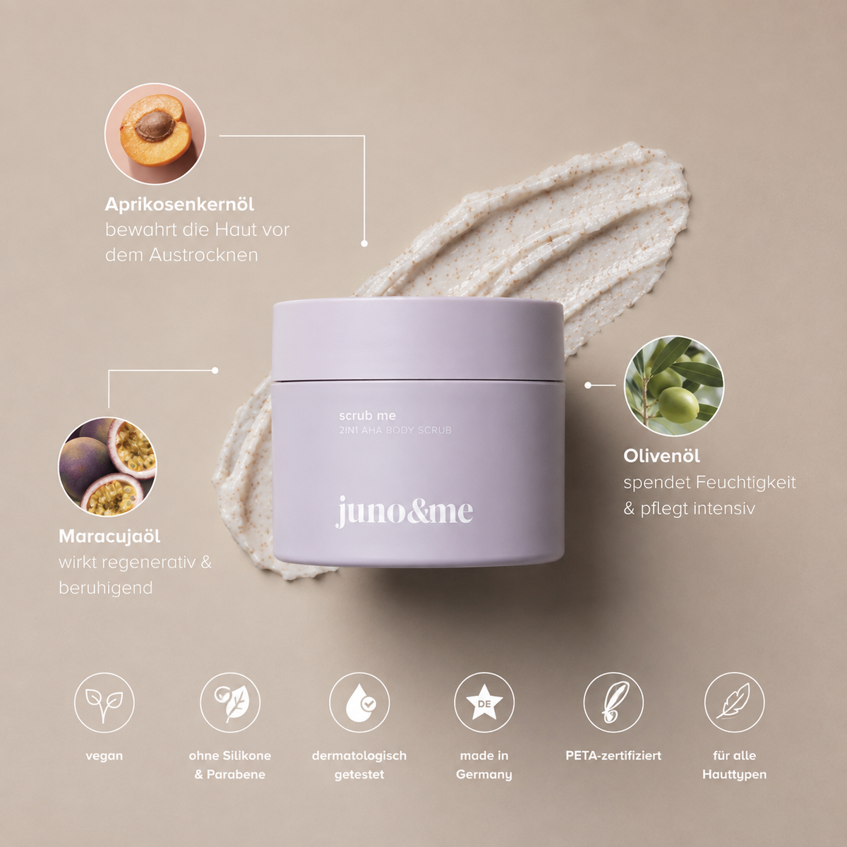 Lilac 2in1 AHA Body Scrub jar with icons for apricot kernel, passion fruit and olive oil, Beautiful Skin Duo by juno&me
