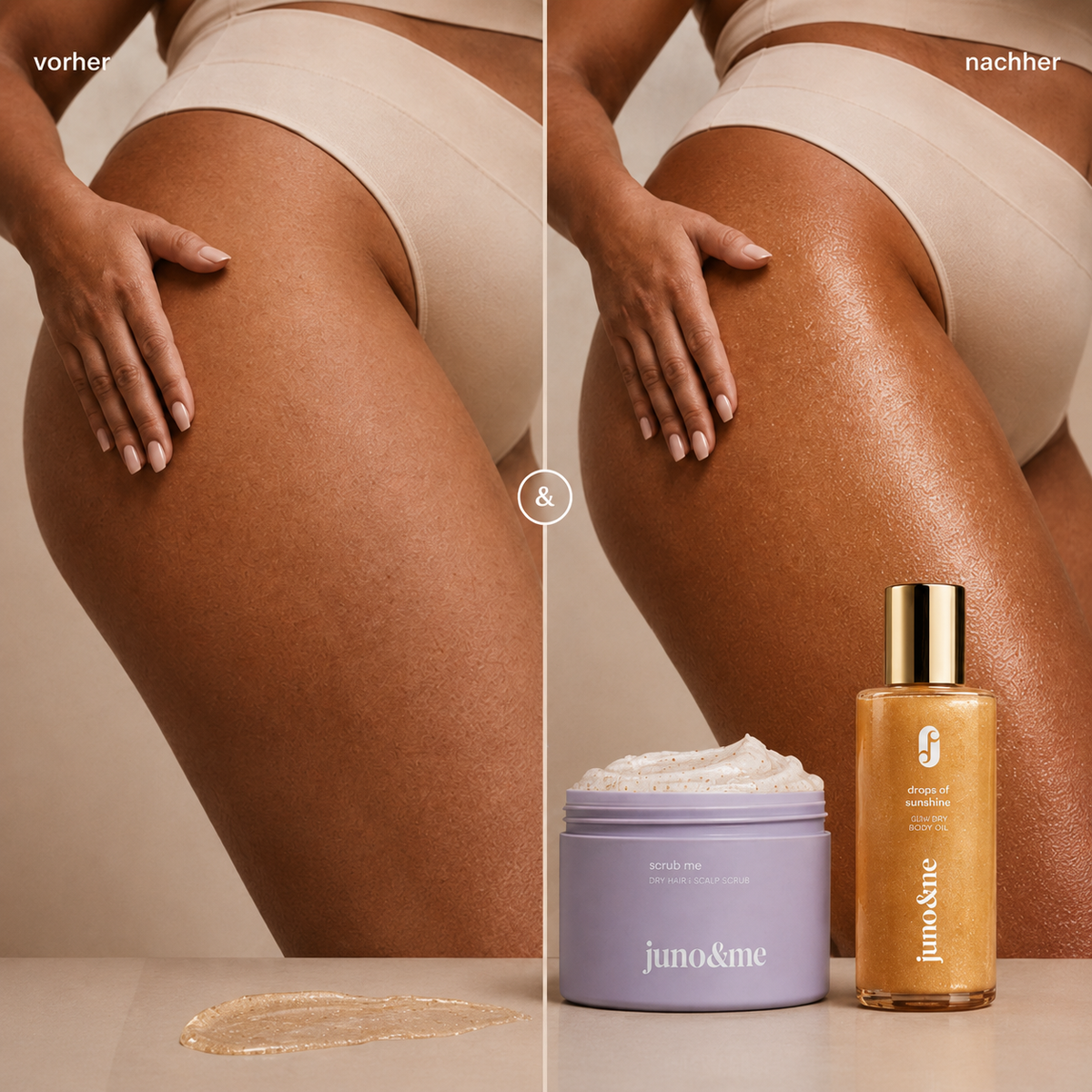 Before and after: leg without and with Golden Glow Oil, the Beautiful Skin Duo by juno&me in front