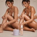 Before and after: woman with the Touch Me Duo, on the right with glowing, cared-for legs, juno&me