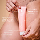 Rosa Tube mit Intimpeelingcreme, umgeben von Informationen zur Wirkung.
