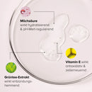 Body-Shower-Gel in Schale, Nahaufnahmen verschiedener Inhaltsstoffe.