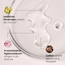 Hyaluronic-Power-Serum in Schale, Nahaufnahmen verschiedener Inhaltsstoffe.