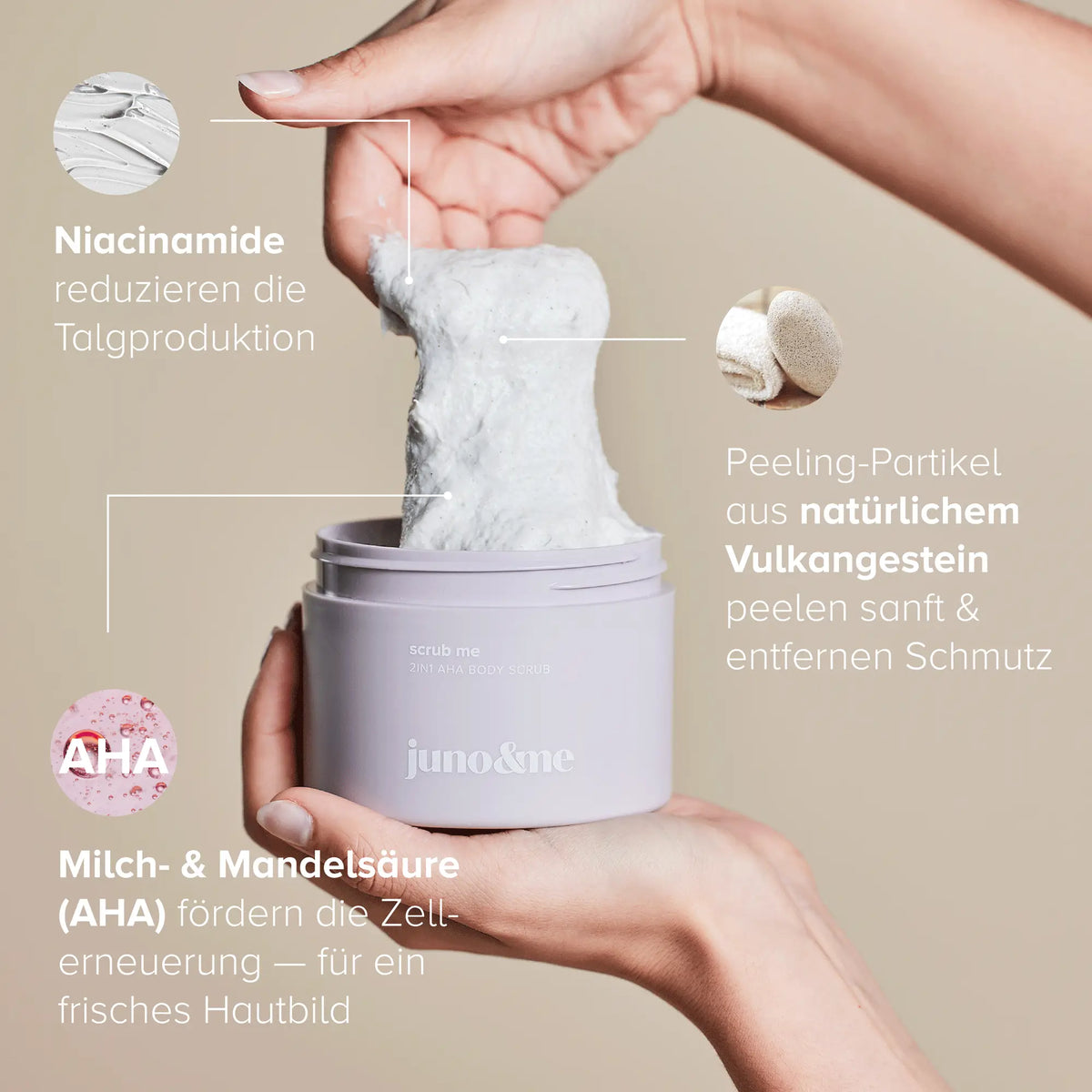 Lilac body scrub being taken from the jar, with information text