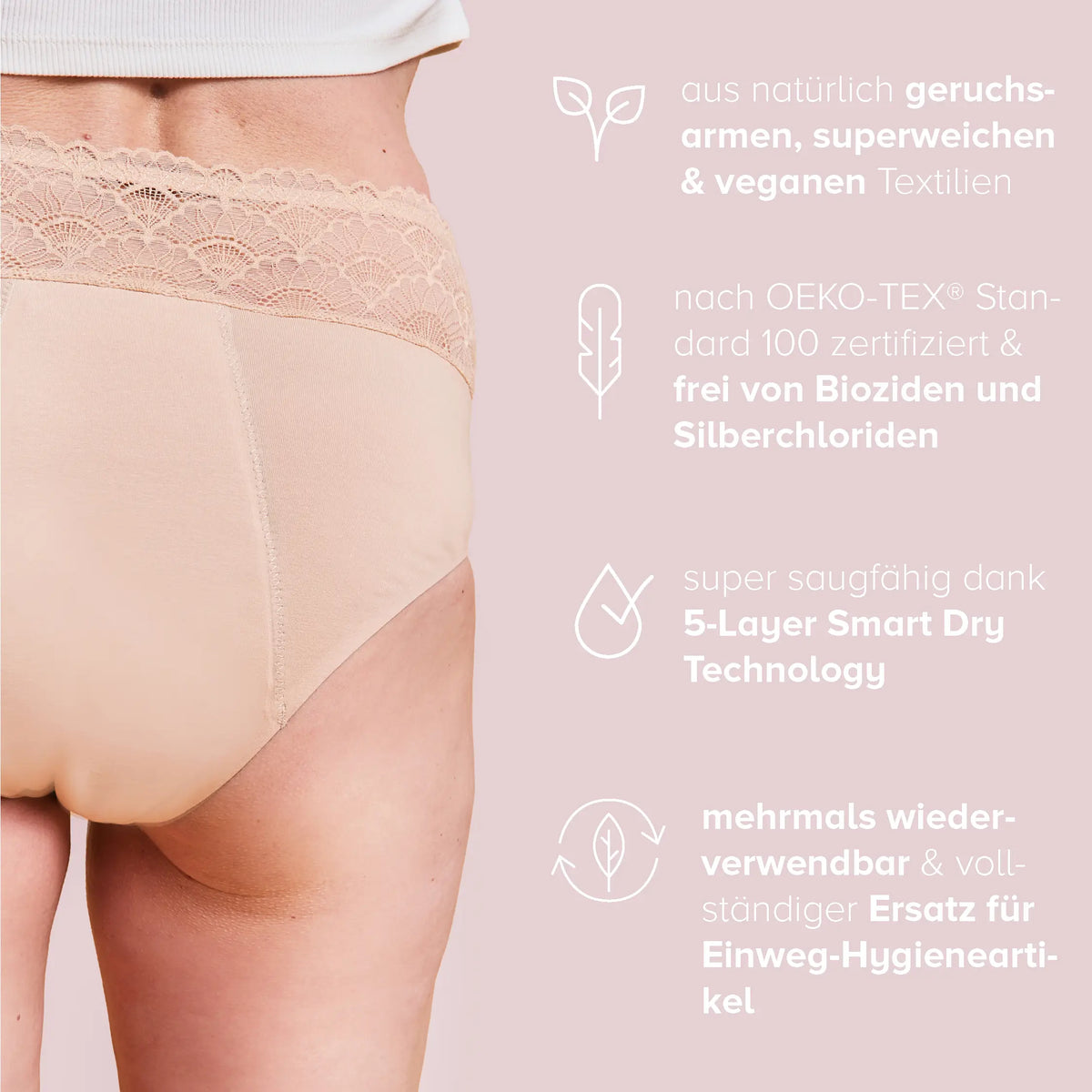 Woman wearing the Incontinence Panty Medium in nude, with information text