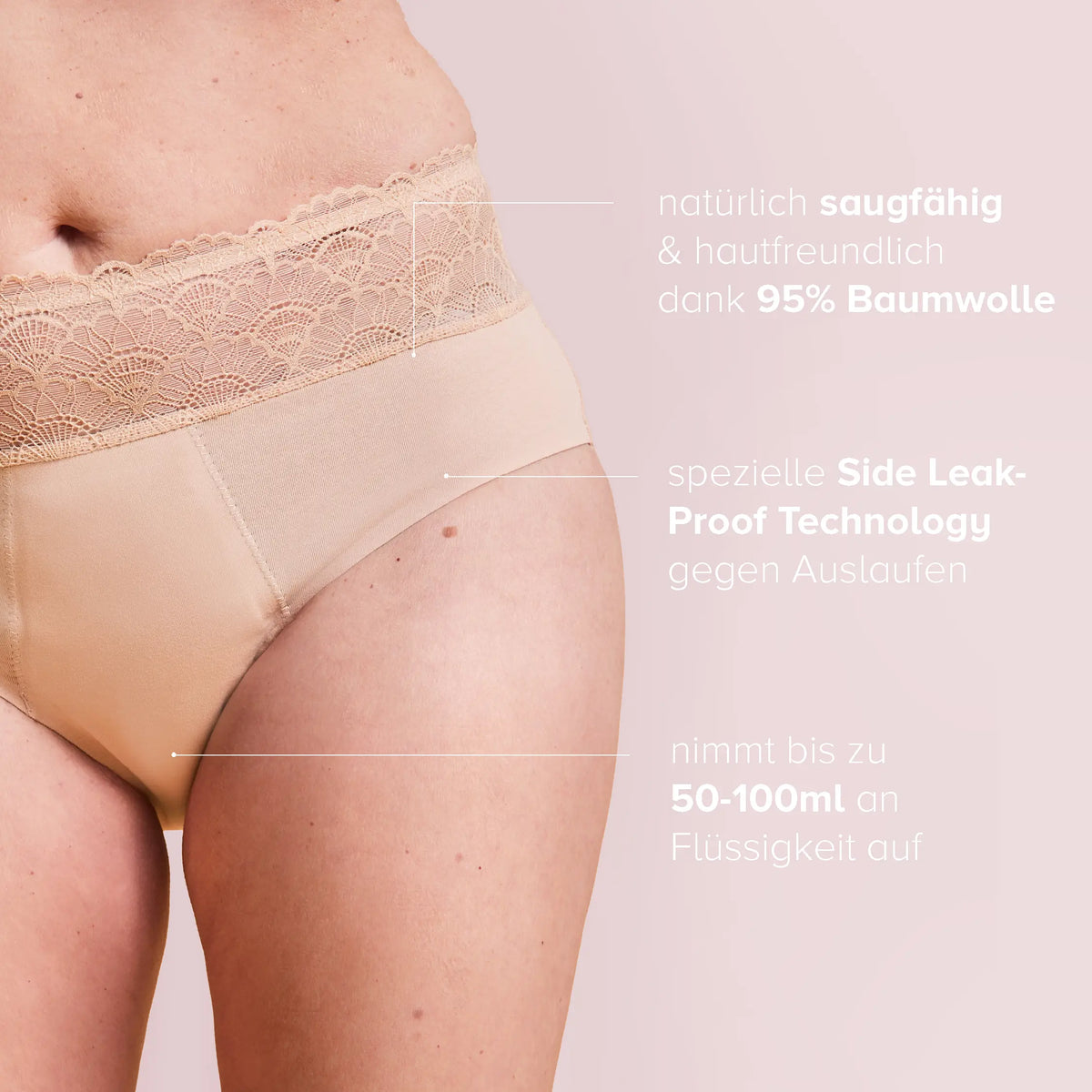Woman wearing the Incontinence Panty Medium in nude, with information text