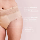 Frau trägt Inkontinenz Panty Medium Nude, mit Infotext.