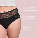 Frau trägt Inkontinenz Panty Medium Black, mit Infotext.