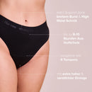 Person trägt Periodenunterwäsche Inkontinenz-Panty-Statement-High-Waist-Ultra, mit Infotext.