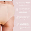 Frau trägt Periodenunterwäsche Inkontinenz-Panty-Strong in Nude, daneben stehen dazugehörige Informationen.