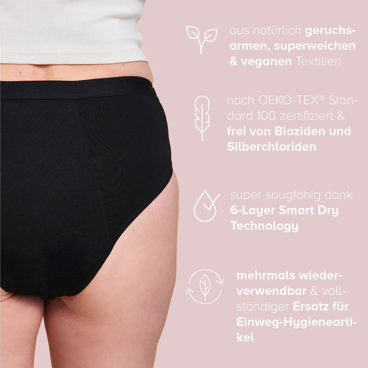 Frau trägt schwarze Periodenunterwäsche Inkontinenz-Panty-Strong, daneben stehen dazugehörige Informationen.