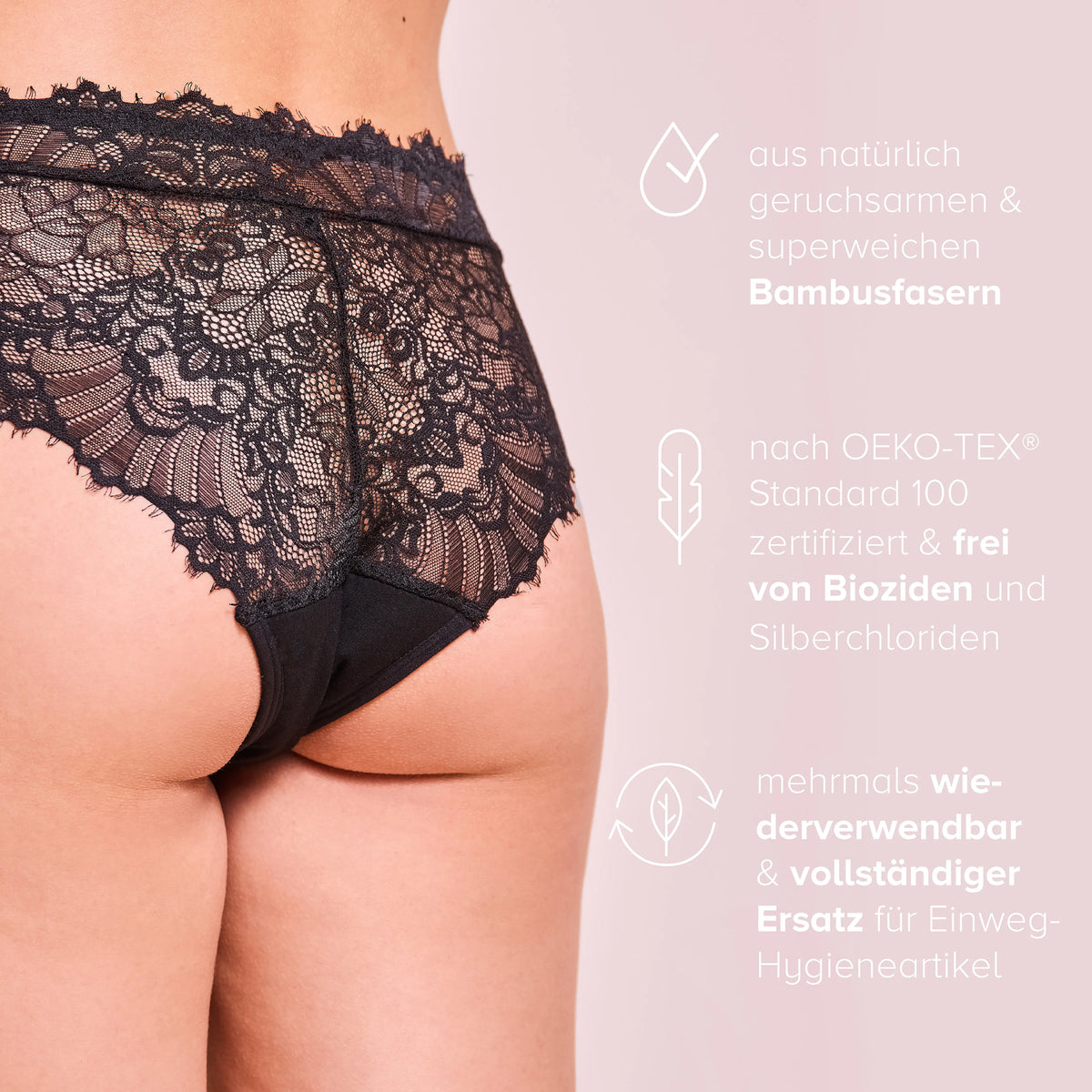 Woman wearing the black Cheeky Lace Slip period panty, with product information next to her.