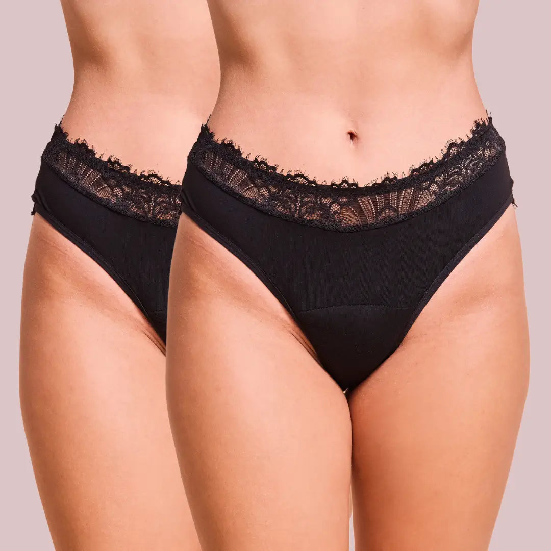 Period Panty Cheeky Lace Duo by juno&me: 2 black lace briefs worn, front view