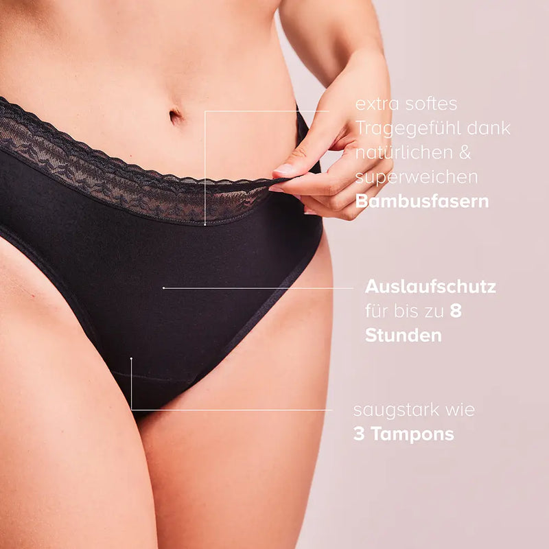 Frau trägt schwarze Periodenunterwäsche Feel-Good-Daily, daneben stehen dazugehörige Informationen.