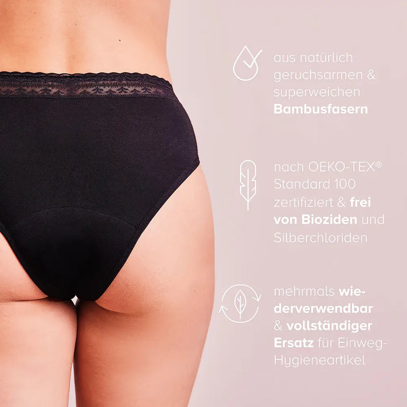Frau trägt schwarze Periodenunterwäsche Feel-Good-Daily, daneben stehen dazugehörige Informationen.