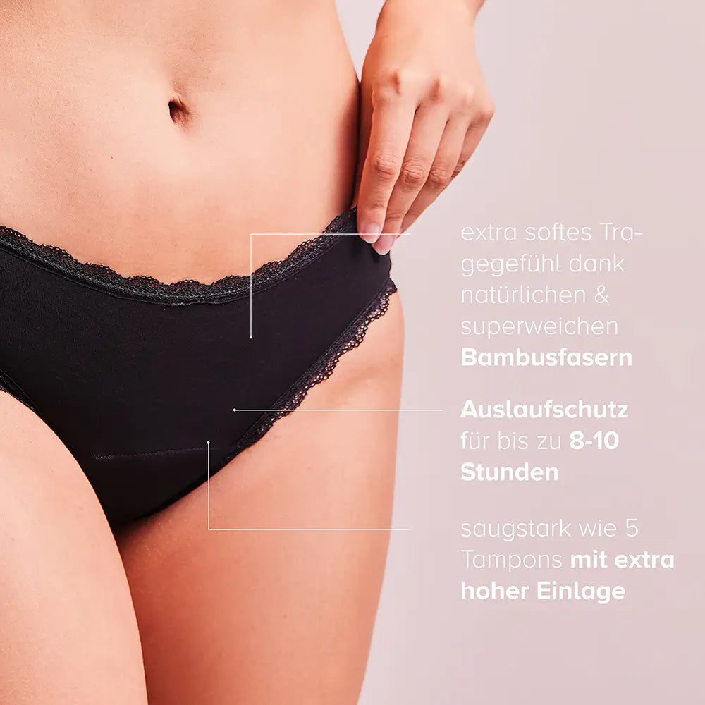 Woman wearing the black Comfy Brief period panty, with product information next to her.