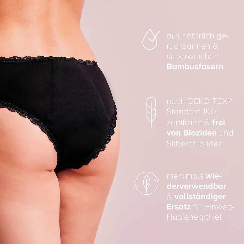 Woman wearing the black Comfy Brief period panty, with product information next to her.