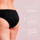 Frau trägt schwarze Periodenunterwäsche Feel-Good-Day-and-Night, daneben stehen dazugehörige Informationen.