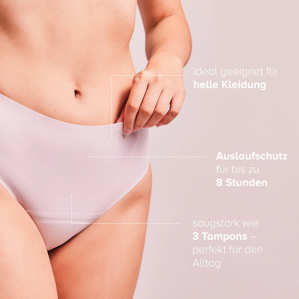 Woman wearing the Seamless Slip period panty in nude, with product information next to her.