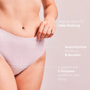 Nude Seamless Slip from the front with notes: light clothing, leak protection up to 8 hours, like 3 tampons