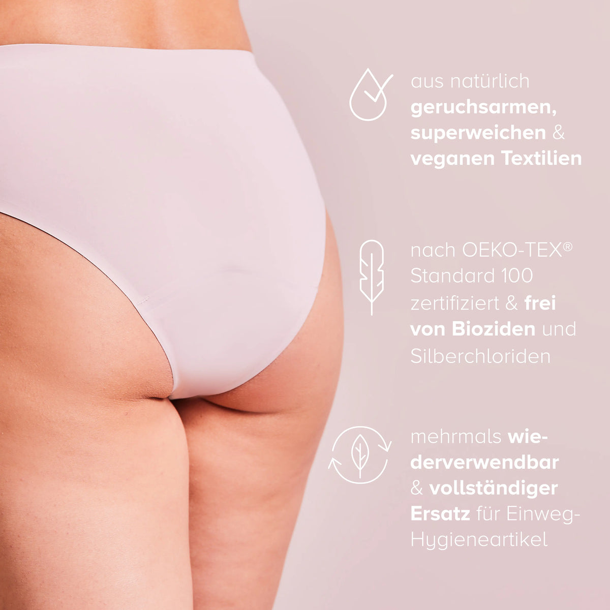 Woman wearing the Seamless Slip period panty in nude, with product information next to her.