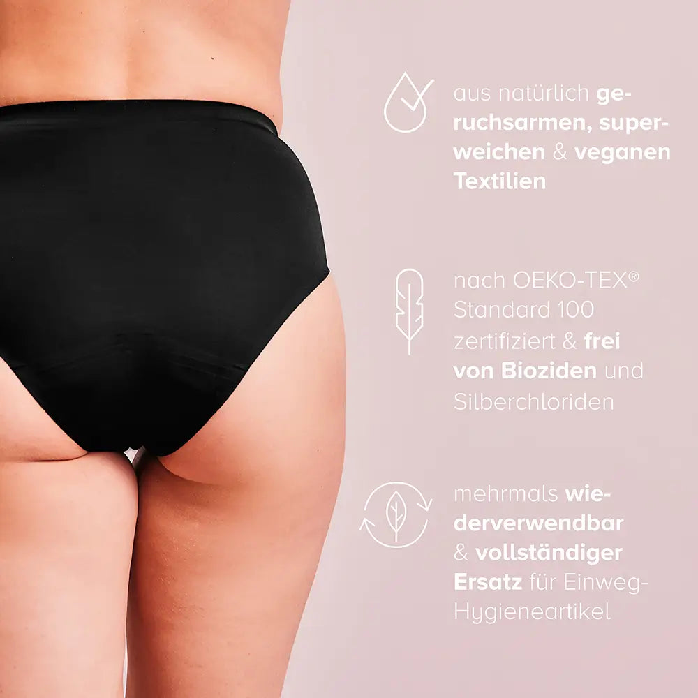 Frau trägt schwarze Periodenunterwäsche Seamless-High-Waist, daneben stehen dazugehörige Informationen.