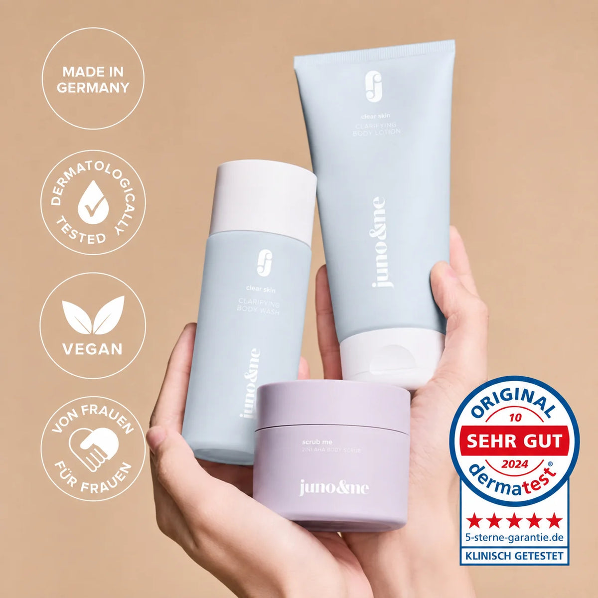 Clarifying Body Trio, die drei Produkte der Routine: peelen, reinigen, pflegen