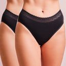 Comfy Slip Duo – Medium by juno&me: 2 black period pants with a lace waistband, worn, front view