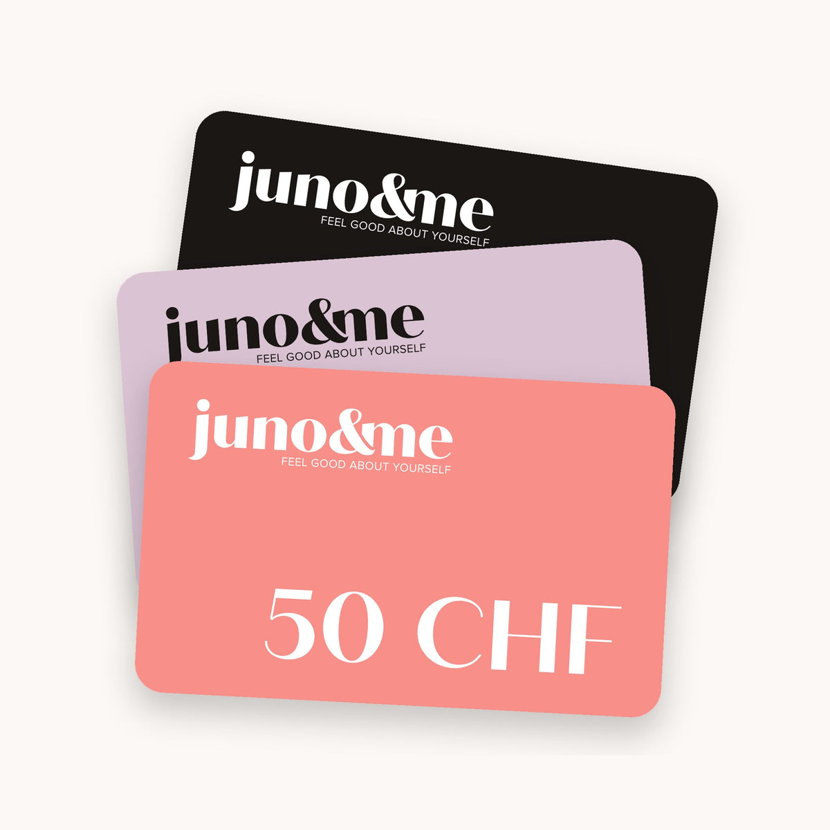 Drei juno&me Geschenkkarten in Schwarz, Flieder und Peach, vorn die Karte über 50 Franken