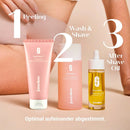 Glow Below Trio in 3 steps: Intimate Pre-Shave Peeling, Wash & Shave Gel and Glow Below Oil by juno&me