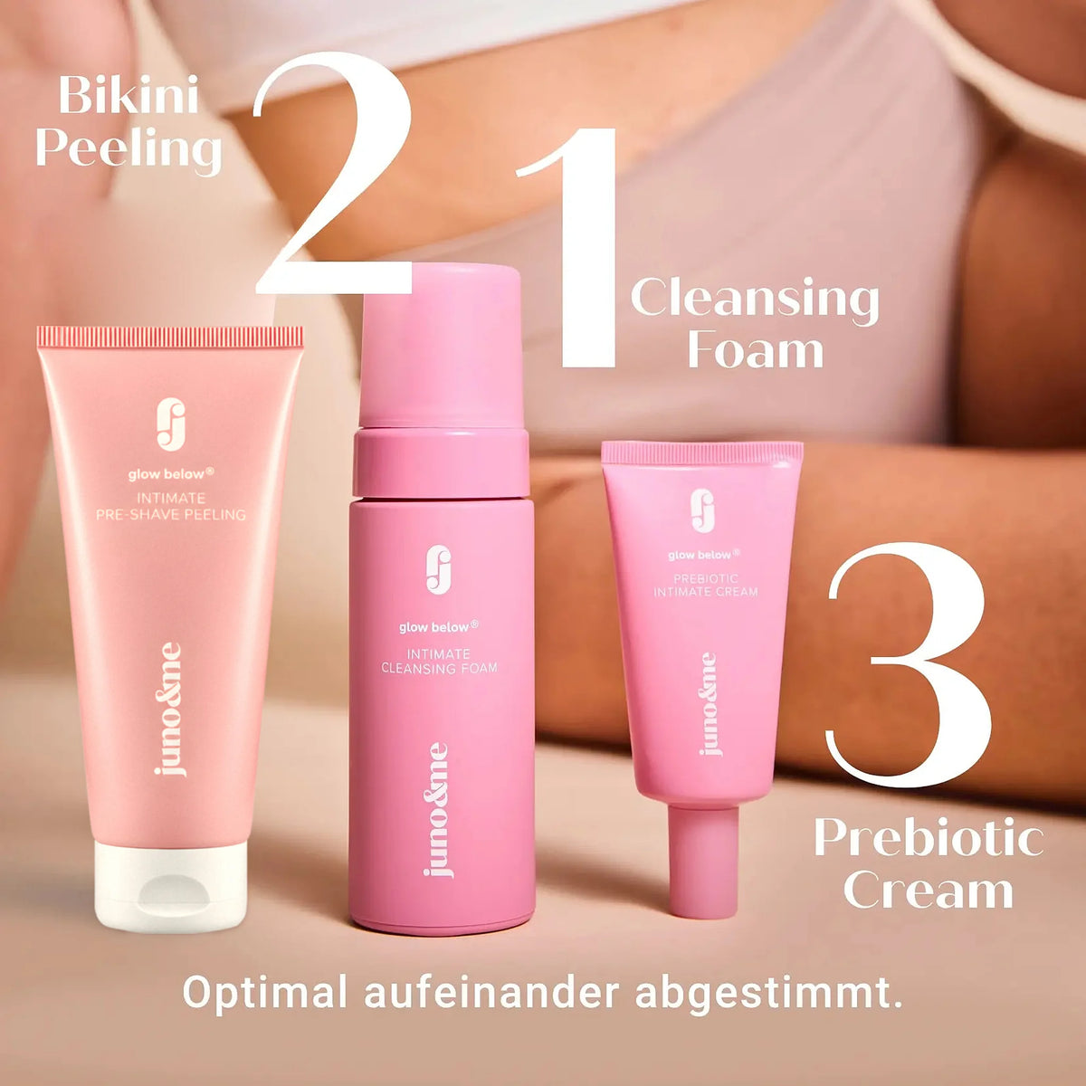 Happy Vulva Trio as a routine: 1 Cleansing Foam, 2 Peeling, 3 Prebiotic Cream, perfectly matched
