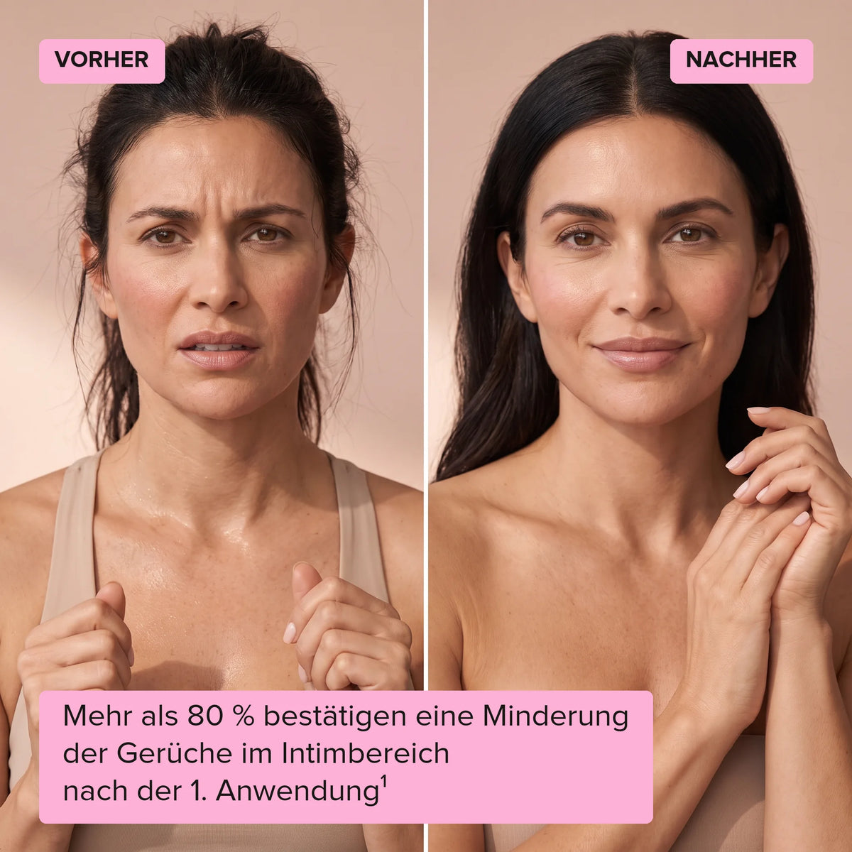 Before and after: woman looks tense, then relaxed, Intim Deo by juno&me