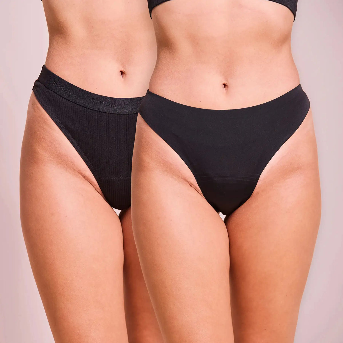Period Panty String Duo by juno&me: Ribbed Cotton String and Seamless String in black, worn side by side