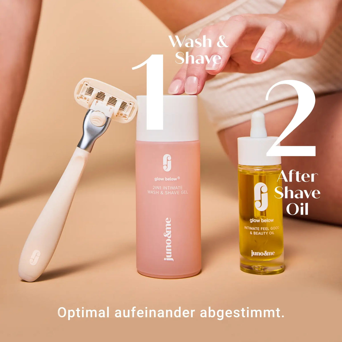 Glow Below Duo in 2 steps: Wash & Shave Gel and Glow Below Oil, with a razor next to them