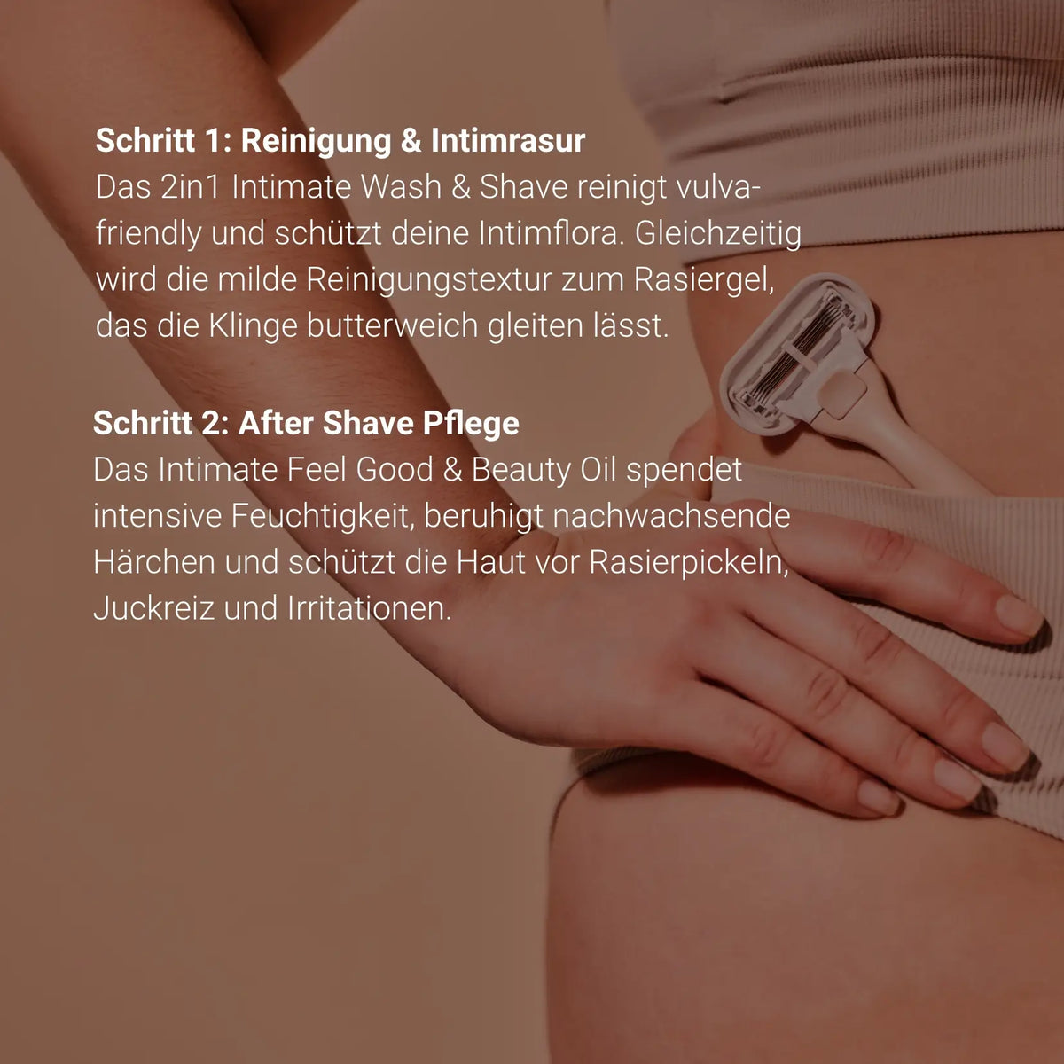 Glow Below Duo how-to: step 1 cleansing and intimate shaving, step 2 after shave care with oil