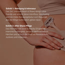 Glow Below Duo how-to: step 1 cleansing and intimate shaving, step 2 after shave care with oil