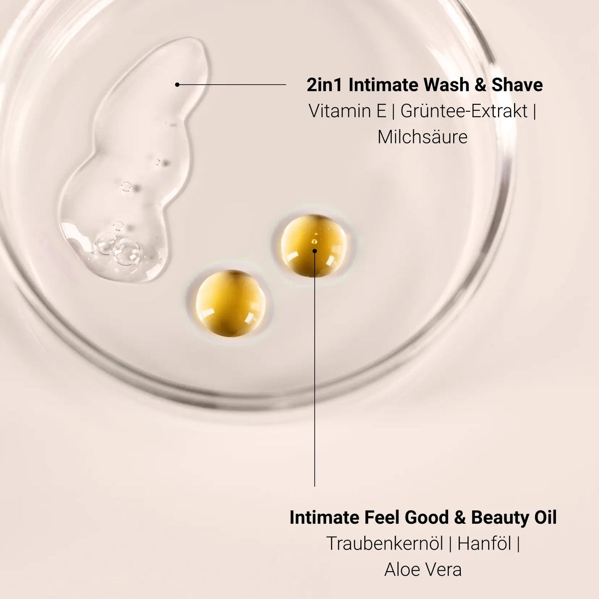 Textures in the Glow Below Duo: clear Wash & Shave Gel and golden oil drops in a glass dish