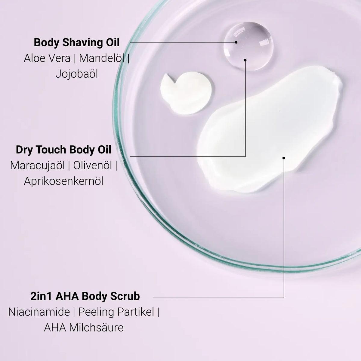 Textures of the scrub, Body Shaving Oil and Dry Touch Body Oil from the Body Crush Trio on glass, juno&me