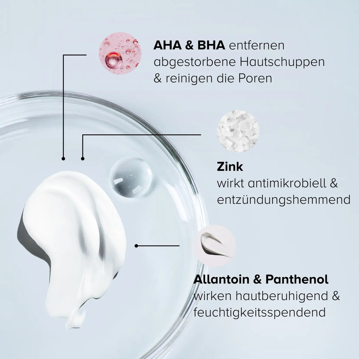 Active ingredients in the Clarifying Body Duo: white lotion texture in a glass dish with AHA, BHA, zinc, allantoin, panthenol
