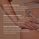 The 3 steps of the Glow Below Trio as text, next to a hand holding a razor at the bikini line