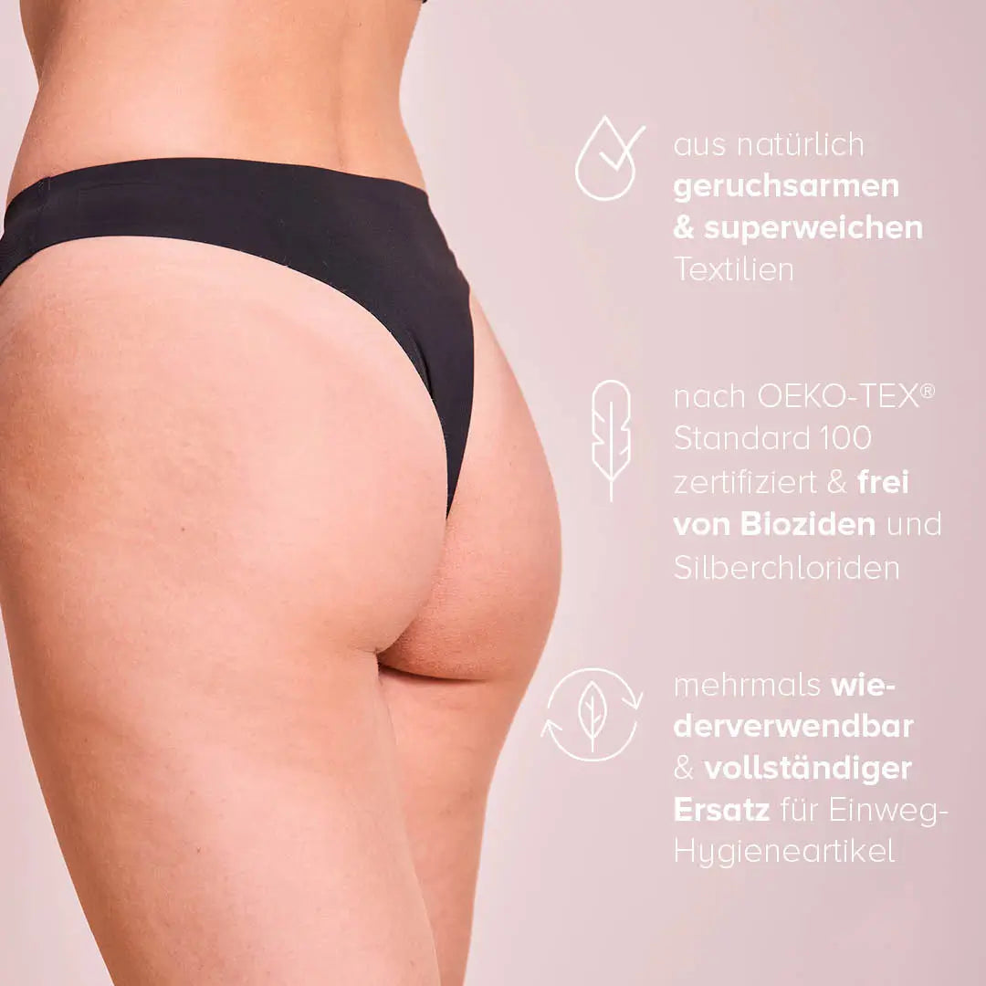 Black panty worn by a person, with info text on the right.