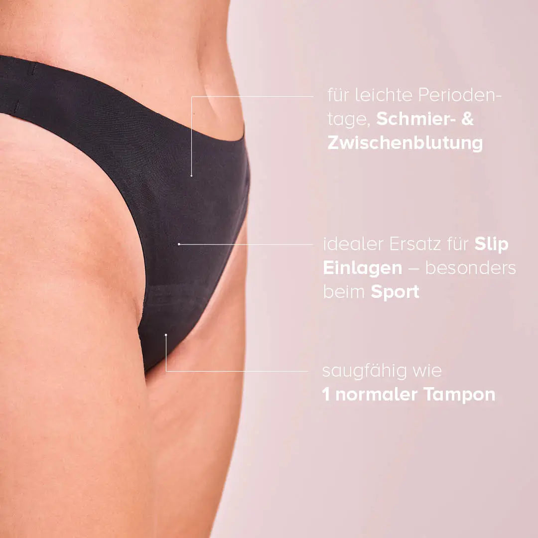 Black panty worn by a person, with info text on the right.