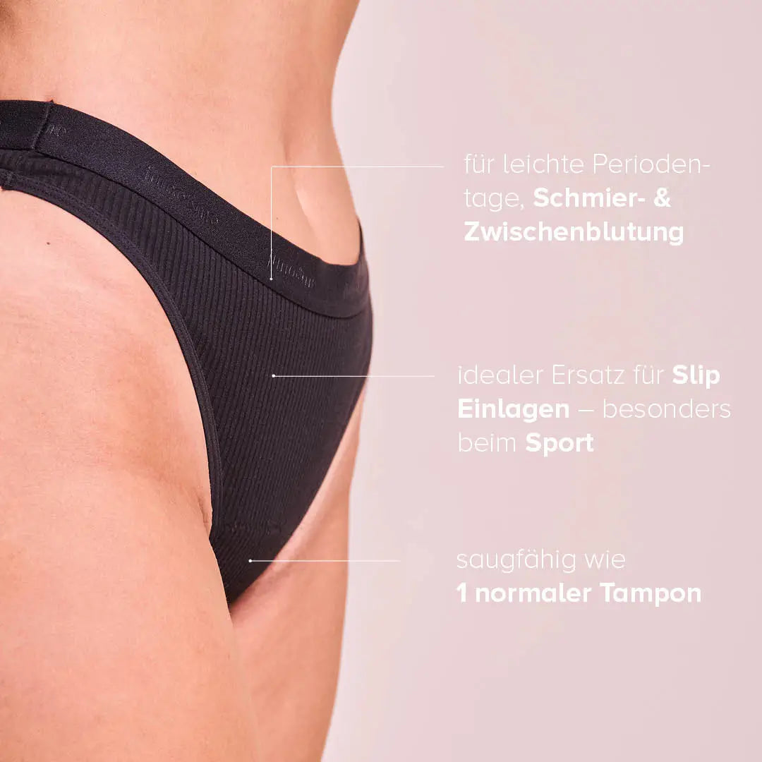 Black panty worn by a person, with info text on the right.