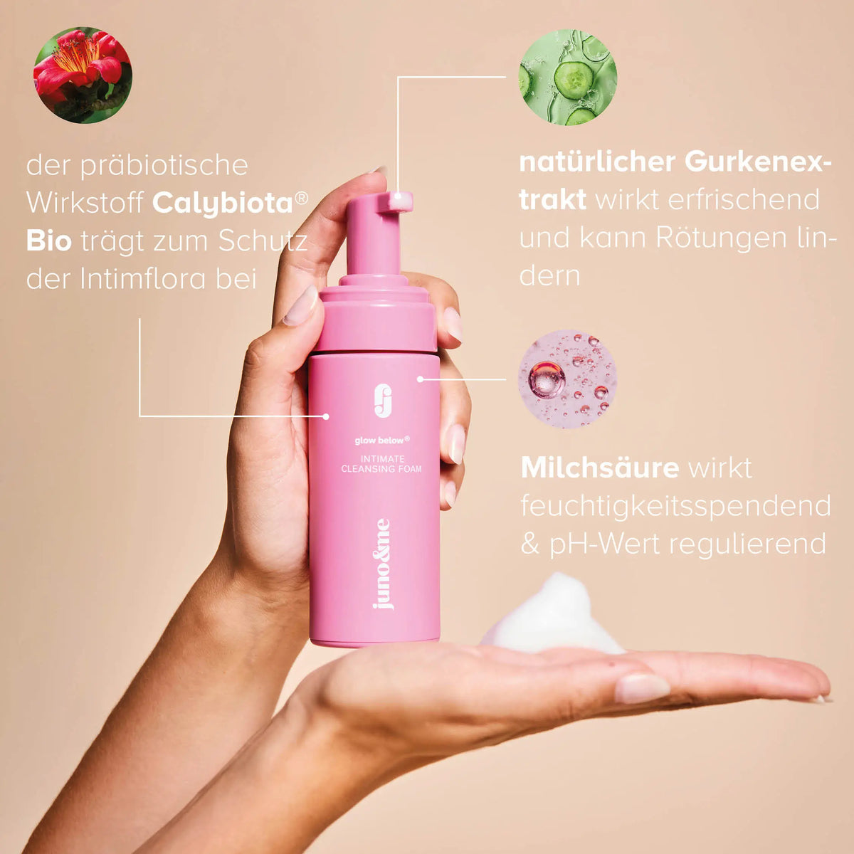 One hand holding the pink Intimate Cleansing Foam, foam resting on the other hand