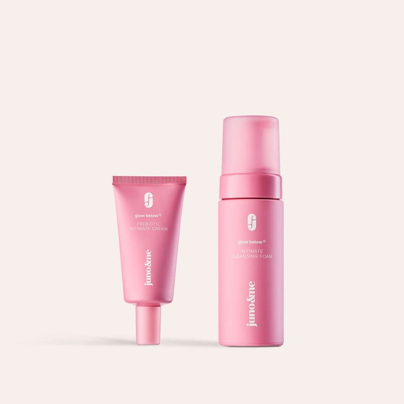 Happy Vulva Duo: Intimate Cleansing Foam and Prebiotic Intimate Cream on a light background